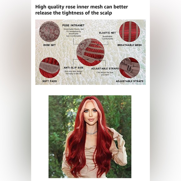 Long Wavy Wine Red Wigs Pink Skunk Stripe Synthetic Wig Middle Part Curly Wavy - Picture 9 of 11